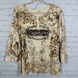 Tapemeasure Coffee Bar Tunic Women Plus 2X Geomentric Beaded Romantic Top